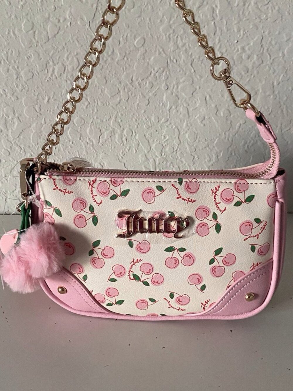 Juicy Couture Cherry Girl Convertible Wristlet Soft White Pink W/Charm NEW